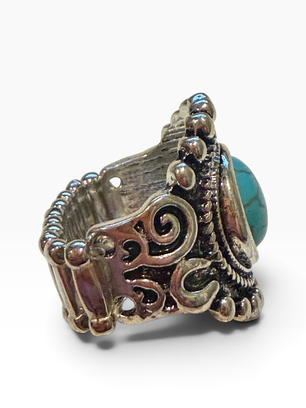 Turquoise Color Stretch Ring Silver Tone Western Boho Southwestern Statement 9 - Picture 8 of 12